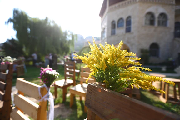 A well-lit outdoor area features rustic wooden chairs with bouquets attached to them, set up for what appears to be an event or gathering. Yellow flowers prominently adorn the chairs in the foreground, while a large stone building with arched windows is visible in the background. The scene is complemented by lush greenery and trees, suggesting a garden setting.