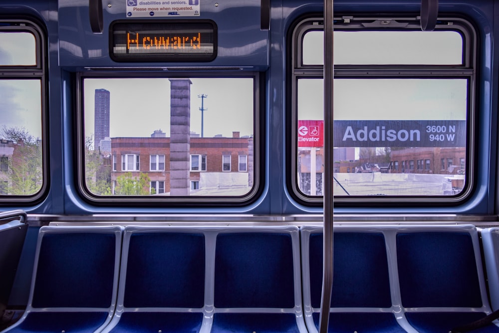 blue and white bus door