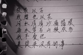 A close-up image of handwritten Chinese characters on lined paper with torn edges. The lighting casts shadows on the paper.
