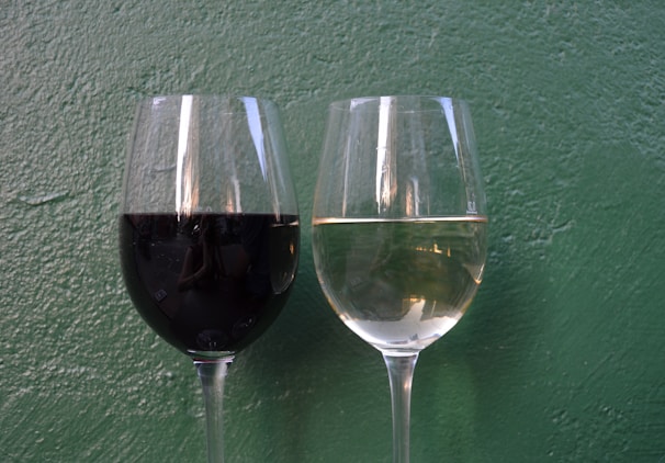Elegant wine glasses filled with red and white wine against the backdrop of floral wall art