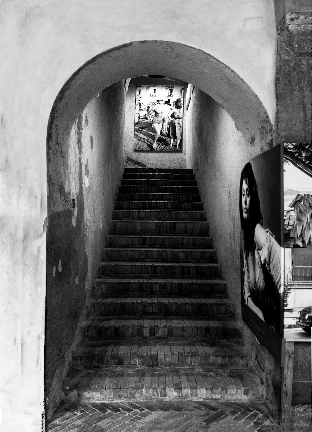 grayscale photo of concrete staircase