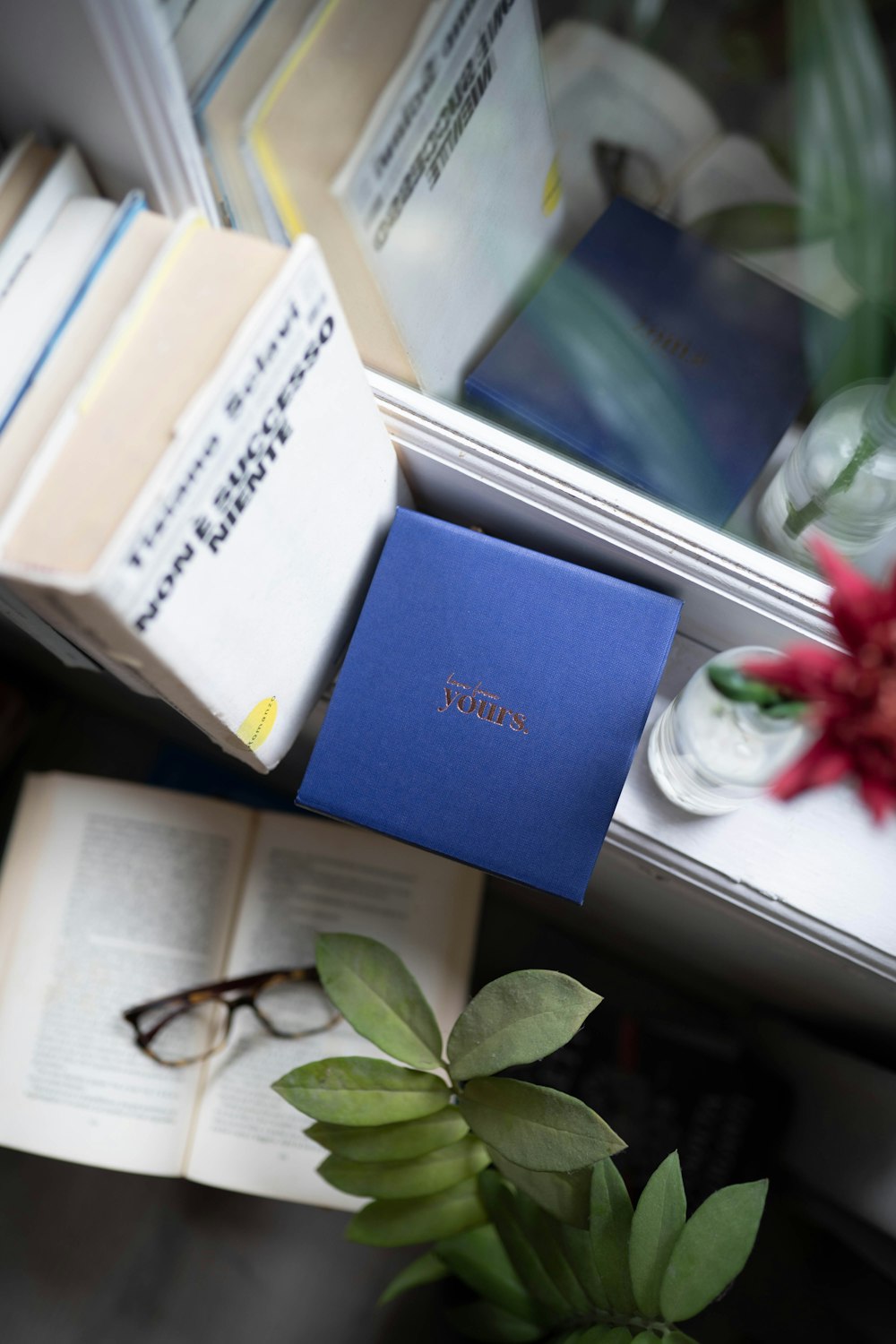 blue and white cardboard box