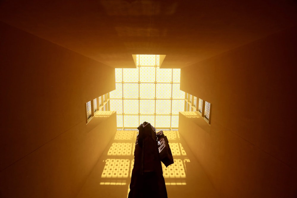 a person standing in a room with a bright light coming through the window