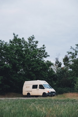 white van parked near green trees during daytime