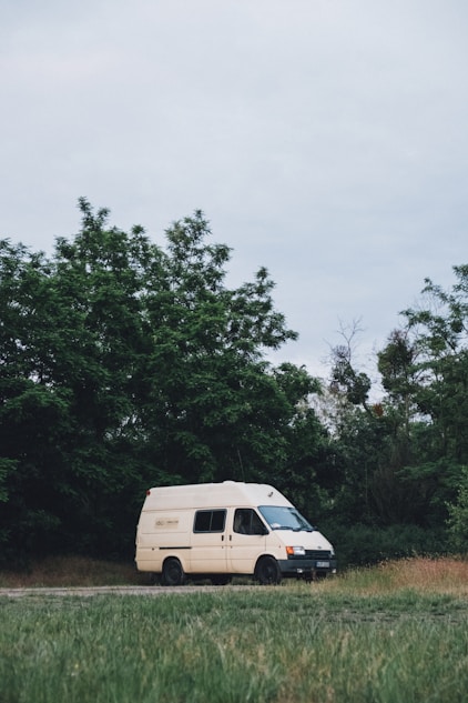 white van parked near green trees during daytime