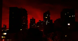 A shadowy city skyline glowing with neon reds and golds under a starry night, hinting at hidden stories within.