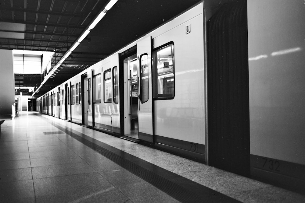 grayscale photo of train station