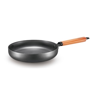 black frying pan on white surface