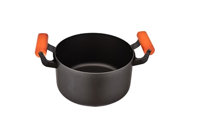 black ceramic mug with orange handle pans zoom background