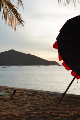 A serene beach scene with a sandy shoreline, a prominent beach umbrella with black and red colors tilted on the right, and gentle waves of the ocean extending towards a distant hilly island. Palm tree branches extend from the top left corner, adding to the tropical ambiance.