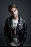 man in black leather jacket