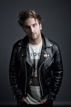 man in black leather jacket