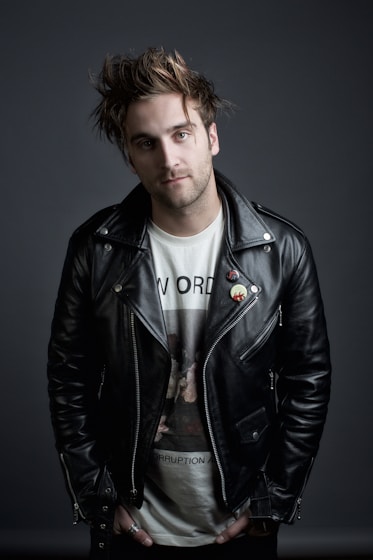 man in black leather jacket