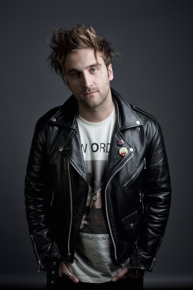 man in black leather jacket