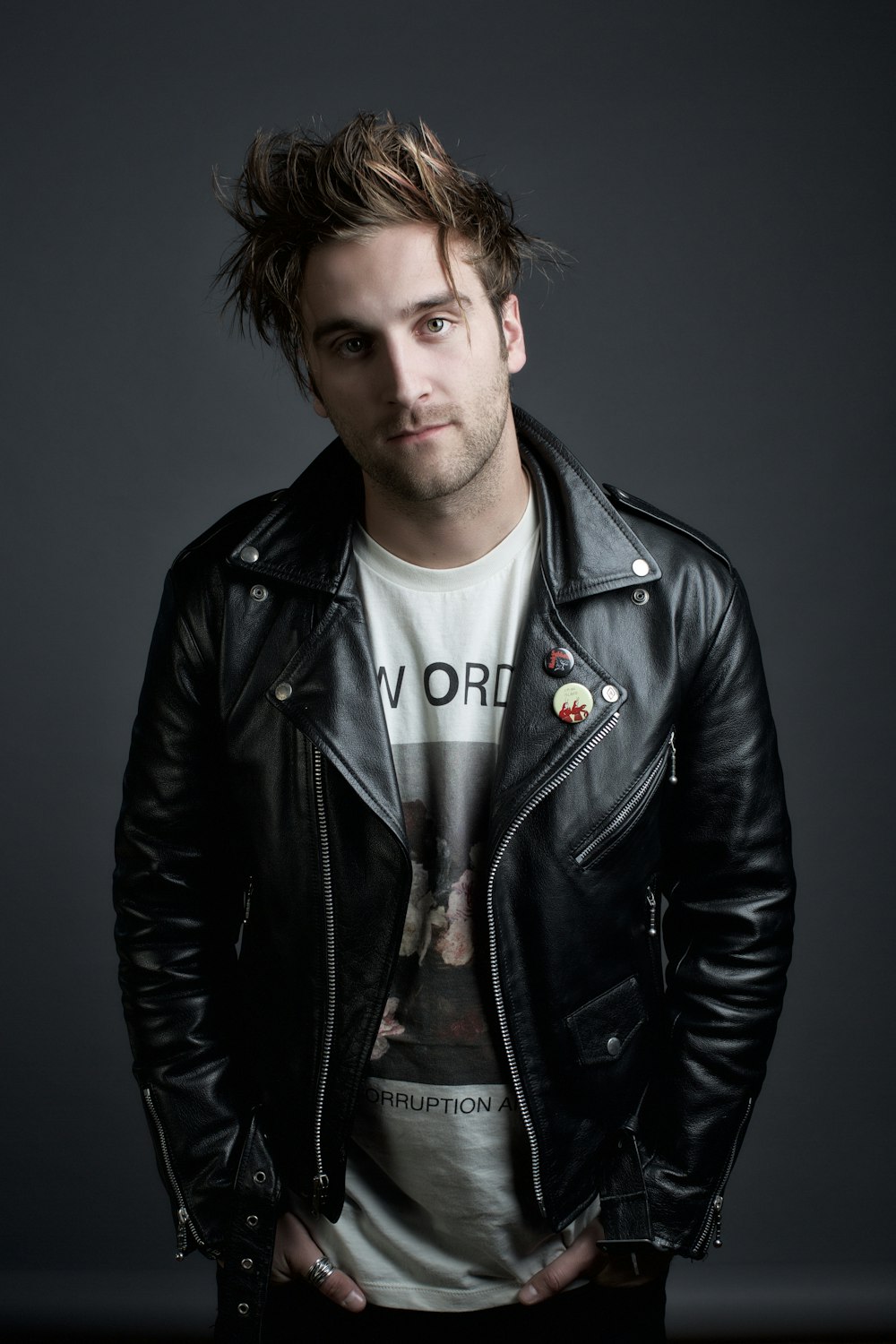 man in black leather jacket