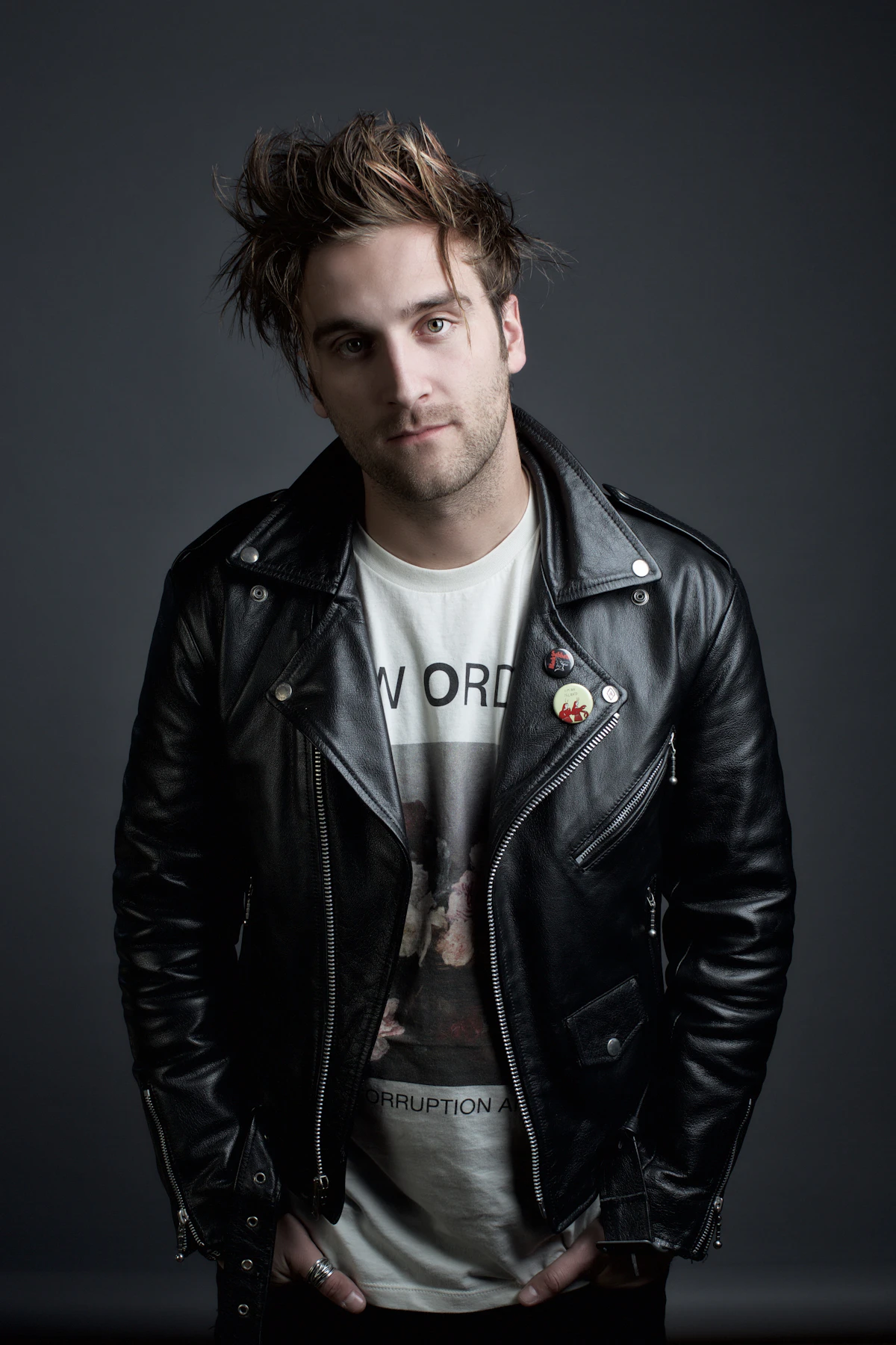 Wearing leather jacket