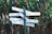 A multi-directional signpost featuring directional arrows pointing toward various global cities and their distances in kilometers. The cities mentioned include Capetown, Moscow, Seoul, Kuala Lumpur, Frankfurt, London, and several others. The signpost is surrounded by lush green tropical foliage, suggesting a garden or outdoor setting.