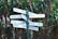 A multi-directional signpost featuring directional arrows pointing toward various global cities and their distances in kilometers. The cities mentioned include Capetown, Moscow, Seoul, Kuala Lumpur, Frankfurt, London, and several others. The signpost is surrounded by lush green tropical foliage, suggesting a garden or outdoor setting.