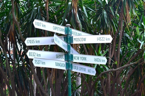 A multi-directional signpost featuring directional arrows pointing toward various global cities and their distances in kilometers. The cities mentioned include Capetown, Moscow, Seoul, Kuala Lumpur, Frankfurt, London, and several others. The signpost is surrounded by lush green tropical foliage, suggesting a garden or outdoor setting.