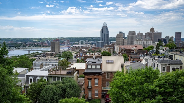aerial view of a city in along the Ohio River during daytime