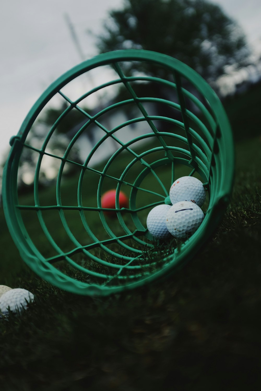 white golf ball on green basket