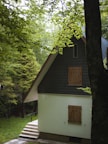 Exterior photo of a large cottage nestled under tall trees with a cozy porch.