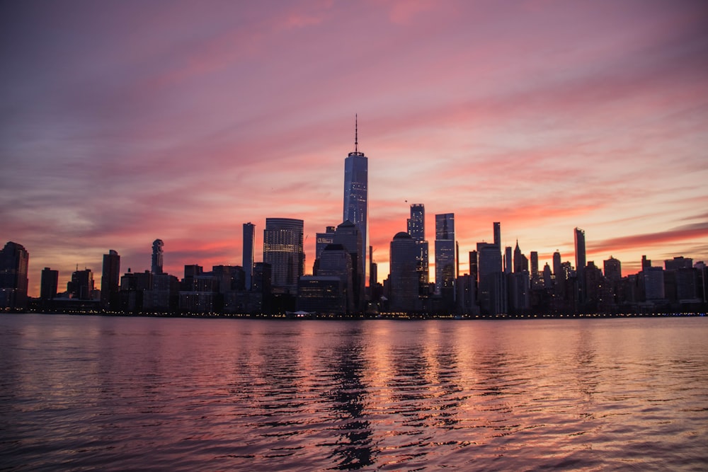 city skyline during night time