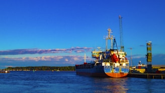 A sleek cargo ship docked at a busy international port under a clear sky.