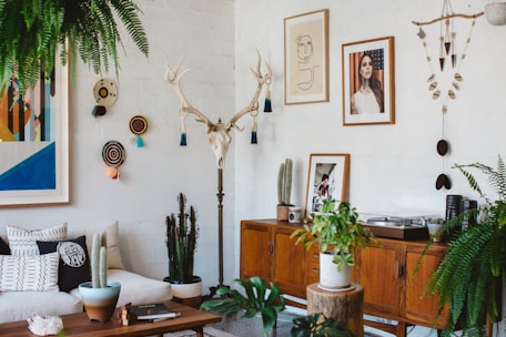 A living room with a bohemian style, featuring a white brick wall decorated with eclectic art pieces and a mounted antler. There is a wooden sideboard displaying cacti and a turntable. A mix of cushions is arranged on a light-colored couch, and a variety of potted plants are spread throughout, including ferns and succulents.