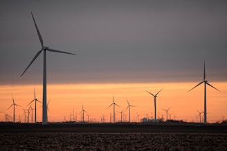 wind turbines on brown field during sunset