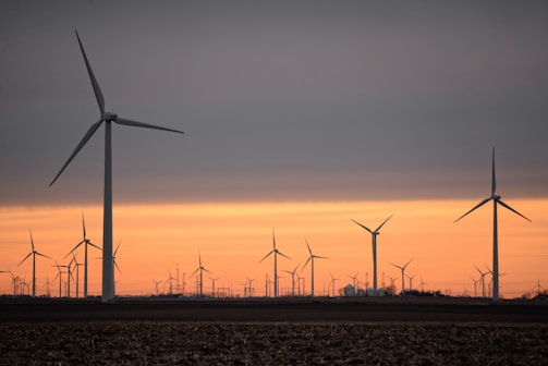 wind turbines on brown field during sunset
