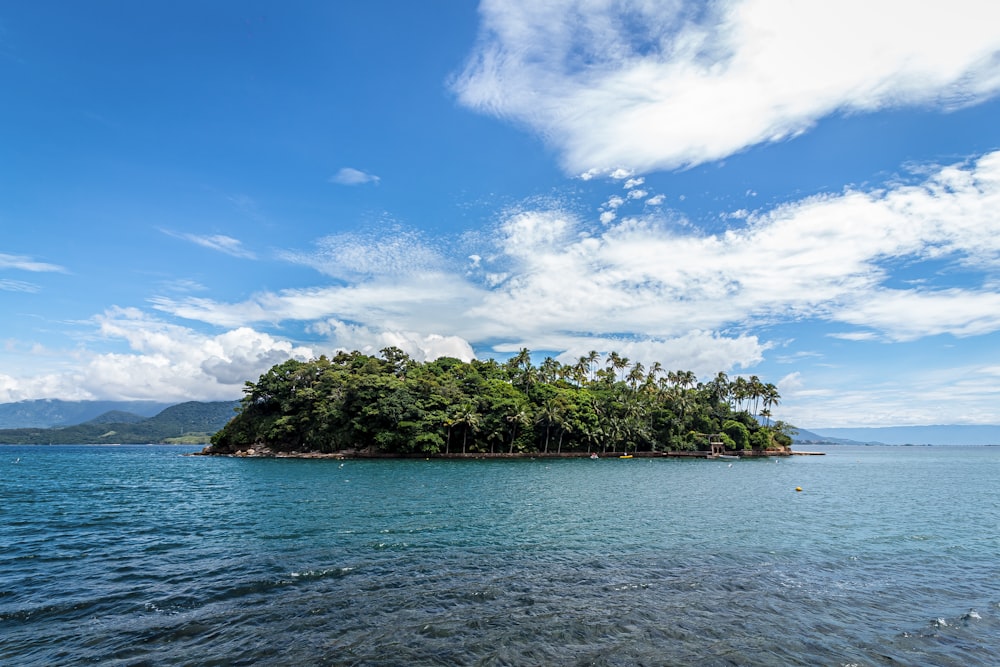 green trees on island surrounded by water under blue and white cloudy sky during daytime