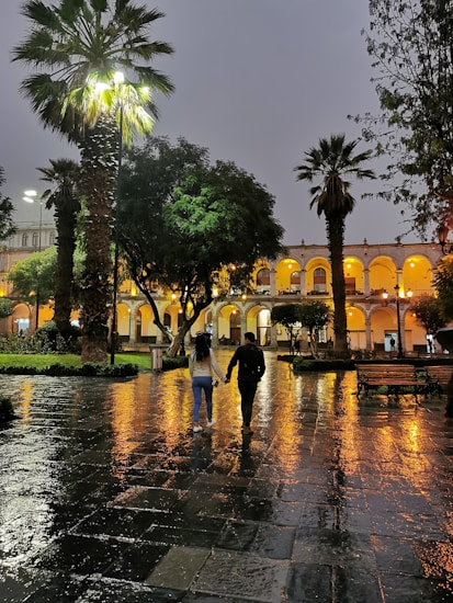 A couple walks hand in hand across a wet, reflective plaza at night, surrounded by tall palm trees and historic architecture with illuminated arches. The scene is serene, with lush greenery and the glow of street lamps enhancing the atmosphere.