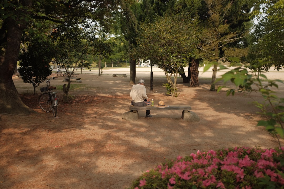 man in white dress shirt sitting on brown wooden bench near green trees during daytime