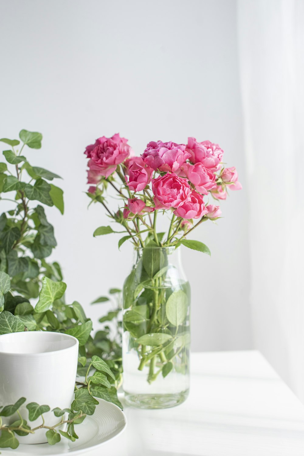 투명 유리 꽃병에 분홍색 꽃
