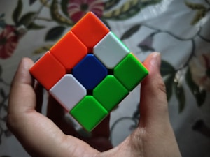A hand holding a partially solved Rubik's Cube, displaying colors such as red, white, green, and blue, against a floral patterned background.