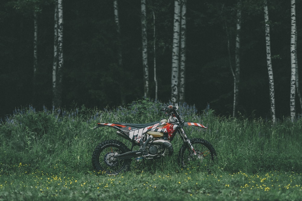 black and red motocross dirt bike on green grass field