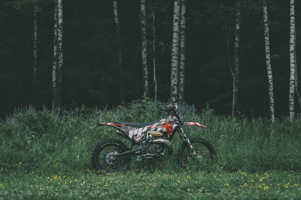moto de cross de motocross negra y roja en campo de hierba verde