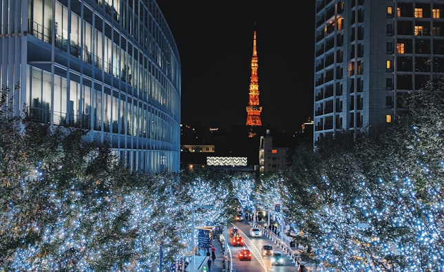 people walking on street near high rise building during nighttime