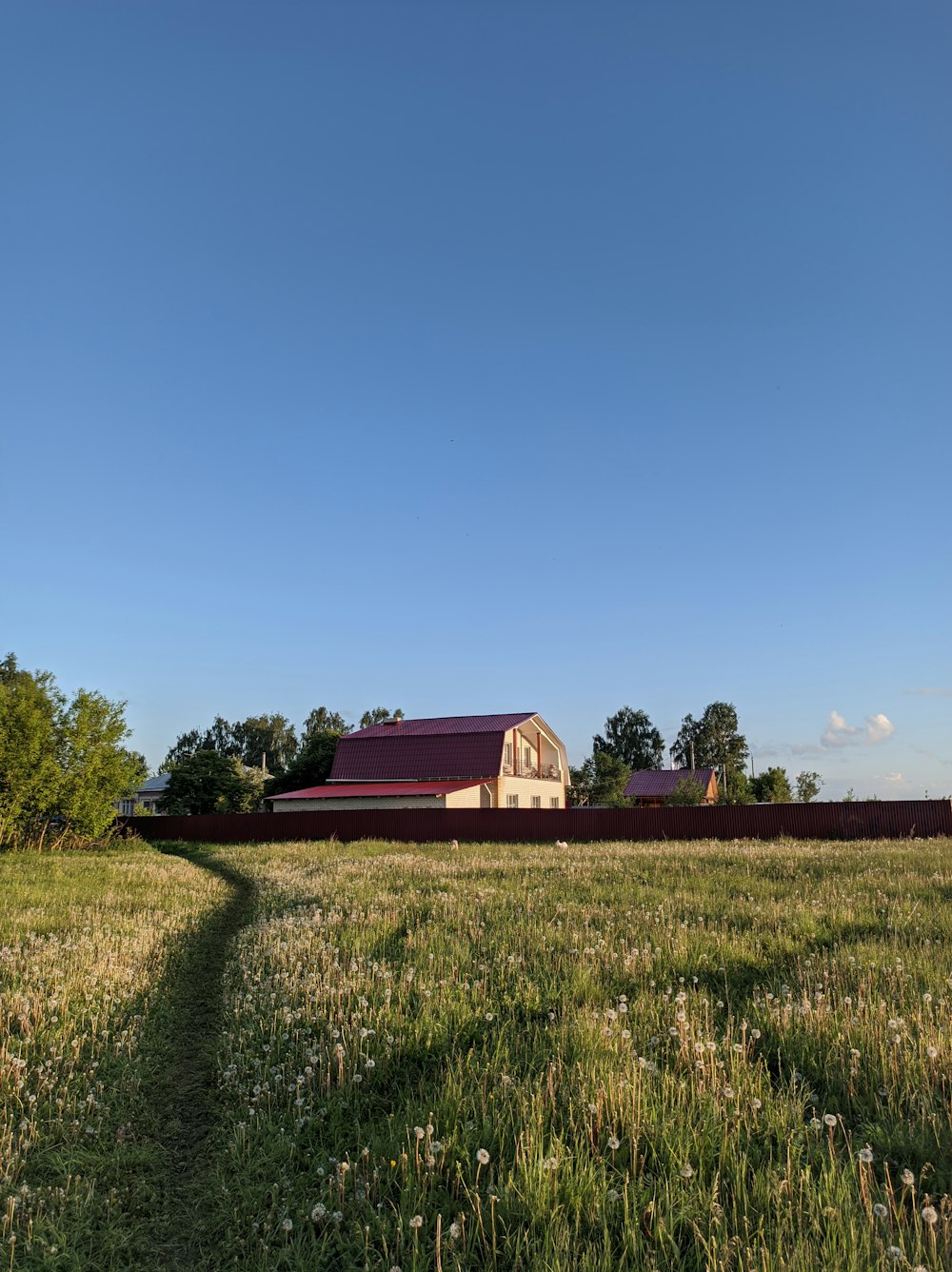 maison en bois rouge sur le champ d’herbe verte sous le ciel bleu pendant la journée