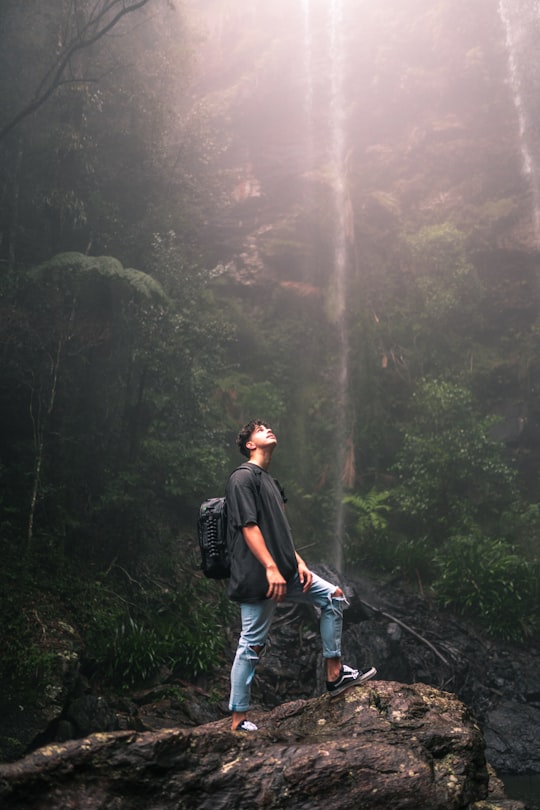 man in black jacket and blue denim jeans walking on pathway between green trees during daytime in Twin Falls Australia