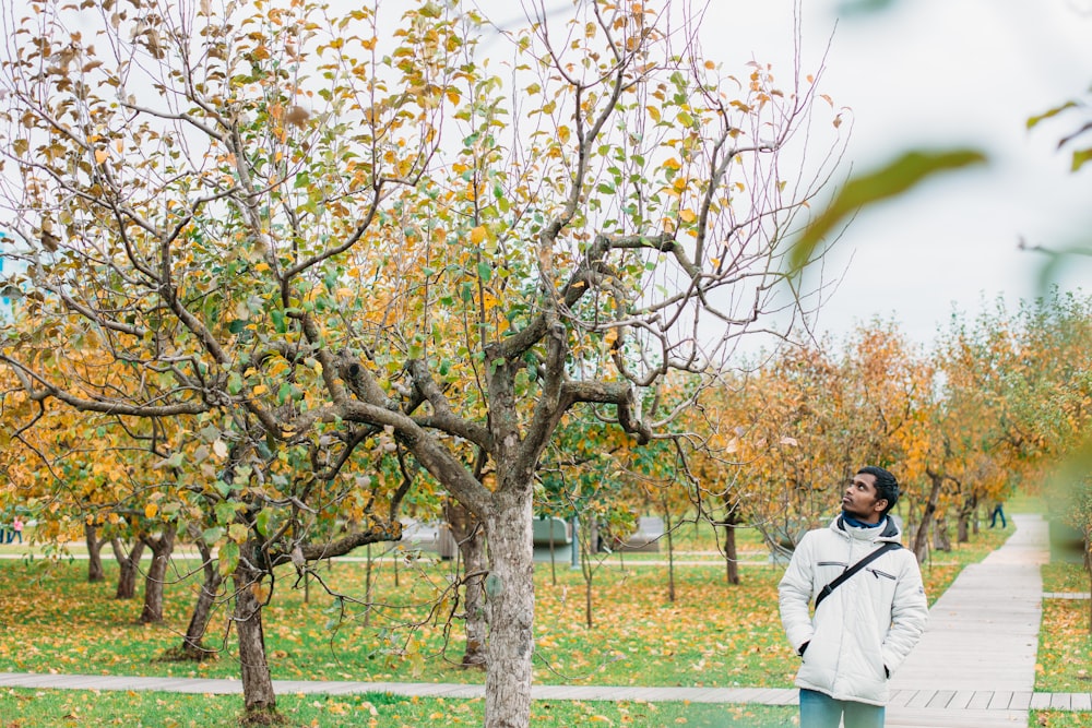 man in white dress shirt standing under brown tree during daytime