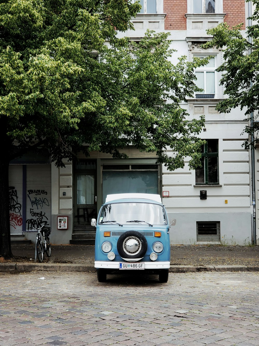 blue and white volkswagen t-2 parked beside green tree during daytime