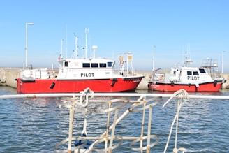 Two red and white pilot boats are docked at a harbor, with a clear blue sky above and a calm body of water below. The hulls display the word 'PILOT' in bold black letters. A metal railing is visible in the foreground, suggesting the perspective from another boat or dock.