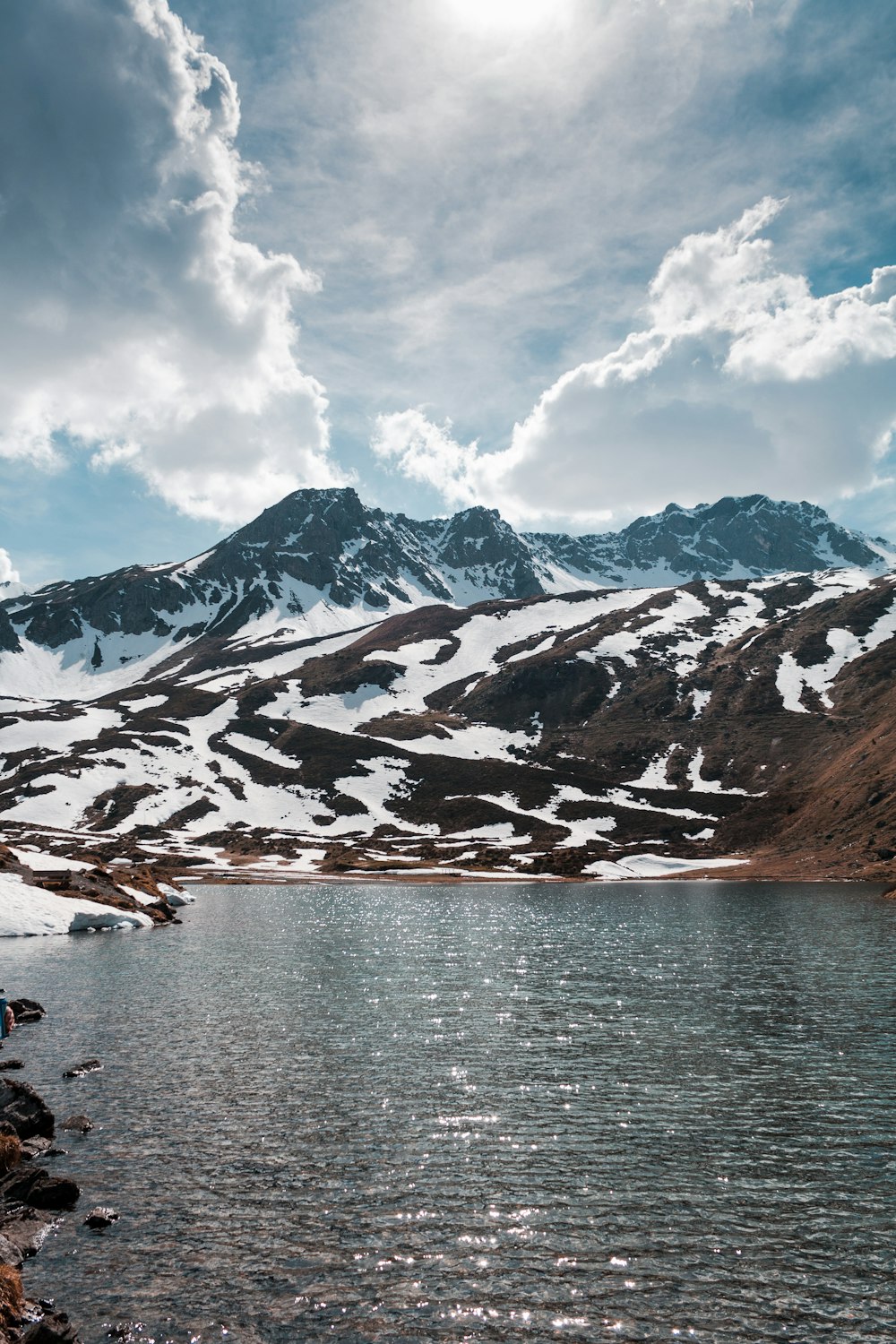 lake near snow covered mountain under cloudy sky during daytime