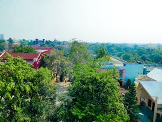 A vibrant aerial view of Transvers Village showcasing its blend of permaculture gardens and bioarchitectural homes under a clear sky.