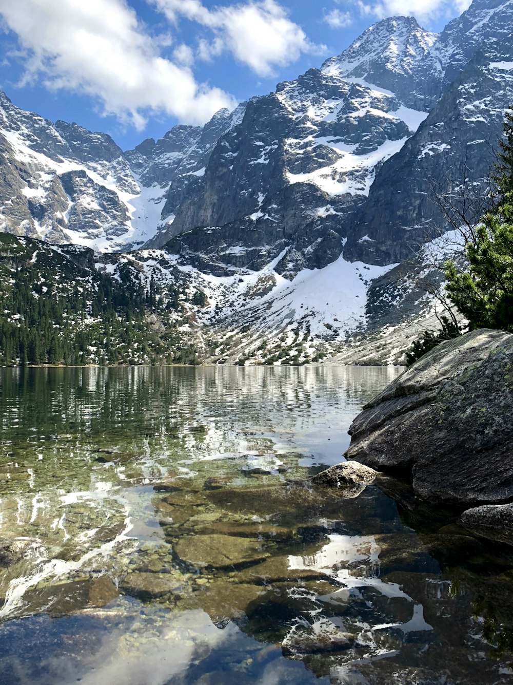 See in der Nähe schneebedeckter Berge tagsüber