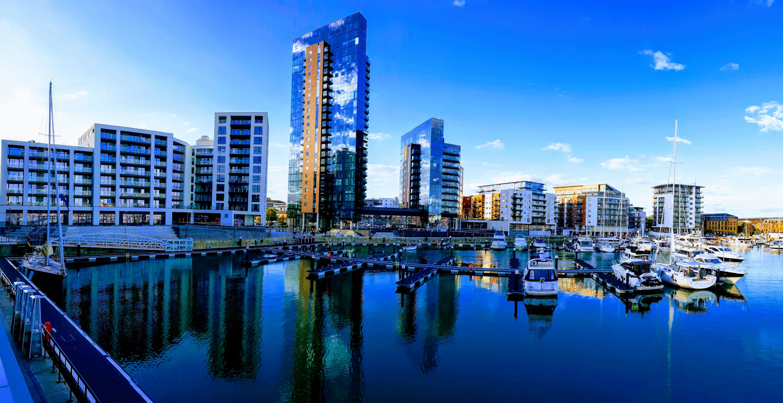 Ocean Village marina and Southampton waterfront skyline