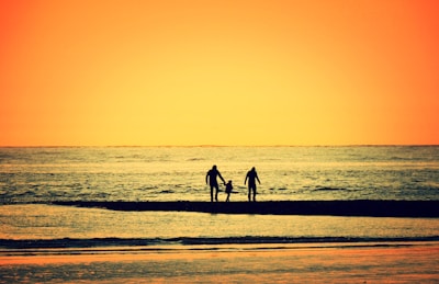 Minimalist black and white image of a family silhouette walking together at sunset.