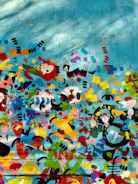 A vibrant colorful mural blending terracotta and cobalt blue shapes on a cream background.